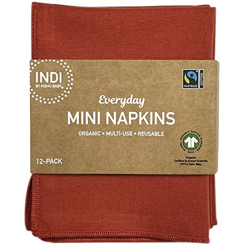 Indi by Kishu Baby - GOTS Certified 100% Organic Cotton Washable Small Cloth Napkins - Set of 12 Fairtrade Soft Muslin Napkins for Every Day Use (Rust)
