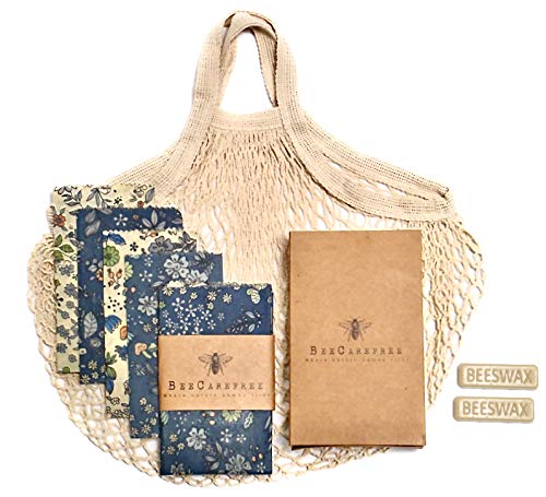 Reusable Beeswax Food Wrap- Beeswax Wraps - 4 pack with Produce Bag and 2 Beeswax Bars- Bee Wrapping Paper Sheets with Wax- Bees - Eco Friendly Food Storage-Bread and Sandwich Wrap- Sustainable Gifts
