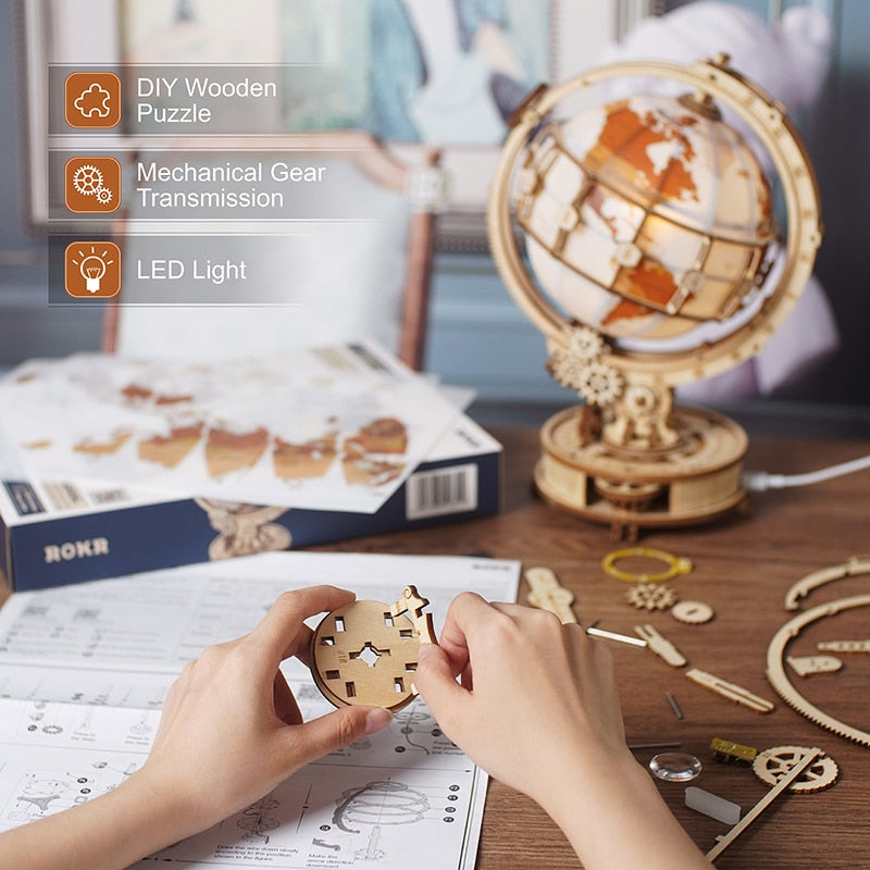 Robotime ROKR Luminous Wooden Globe 3D Puzzle Games for Christmas Gift for Kids Adults for Home Decor