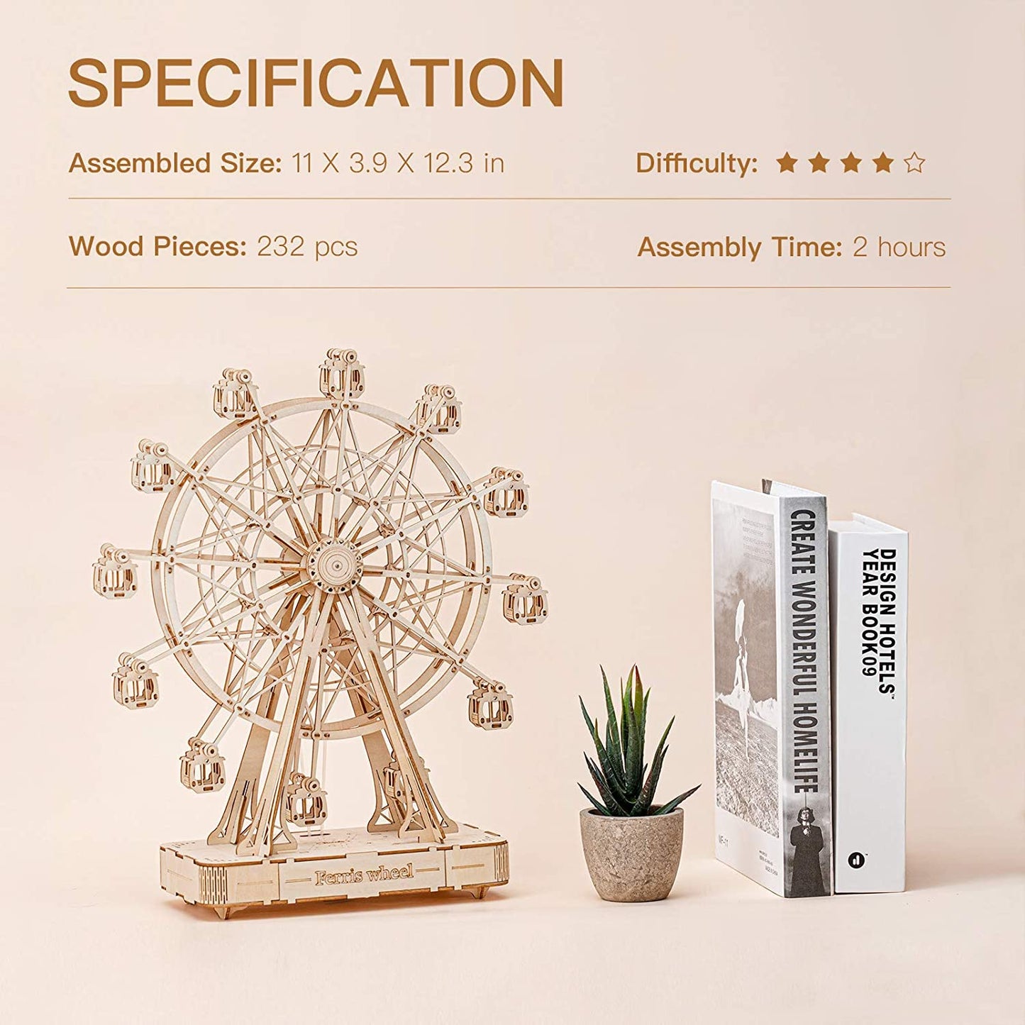 Robotime 232pcs Rotatable DIY 3D Ferris Wheel | Wooden Model Building Kit