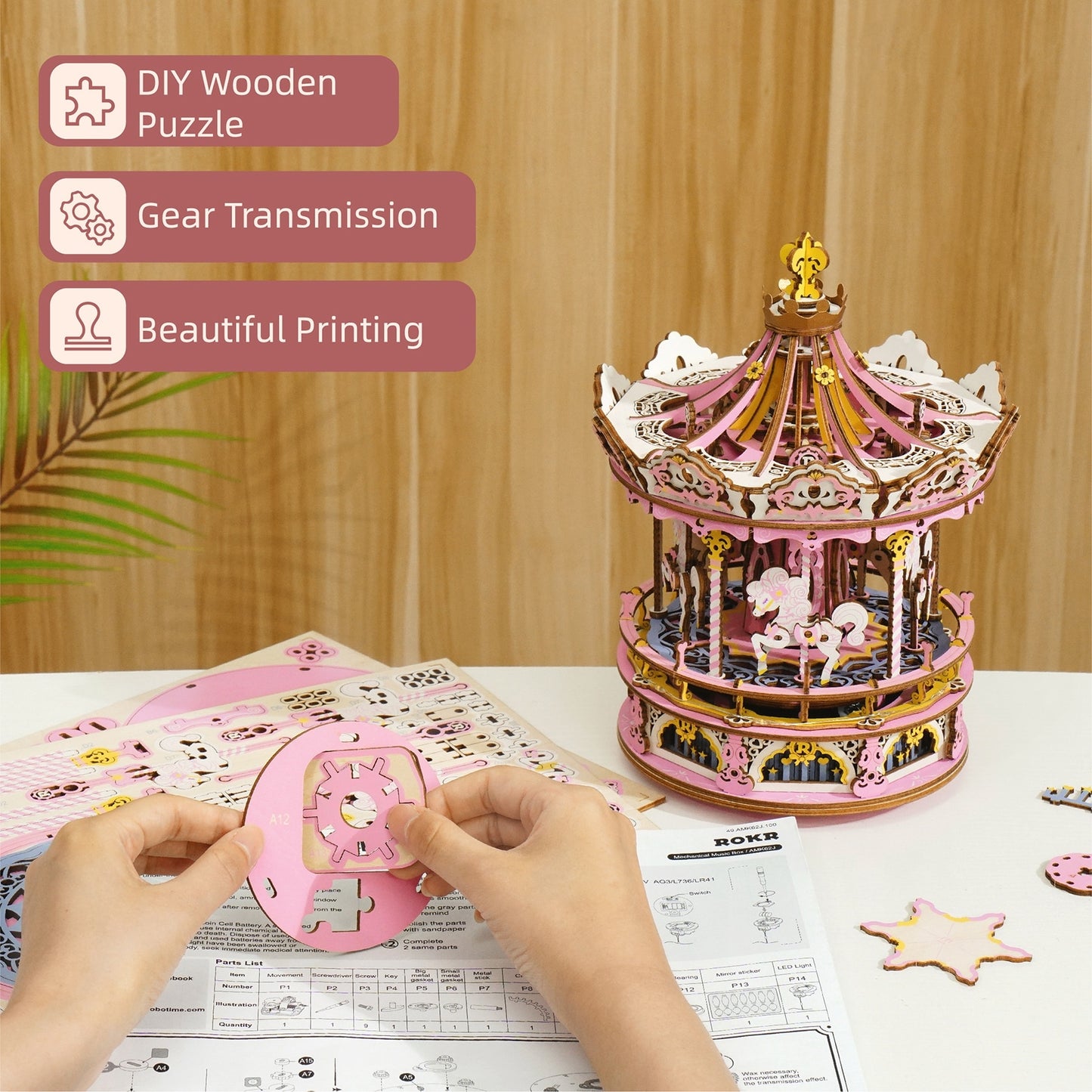 Robotime 336pcs DIY 3D Rotatable Romantic Carousel Music Box | Wooden Model Building Block Kits