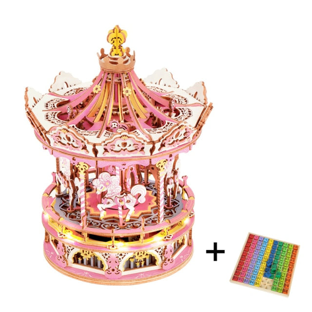 Robotime 336pcs DIY 3D Rotatable Romantic Carousel Music Box | Wooden Model Building Block Kits