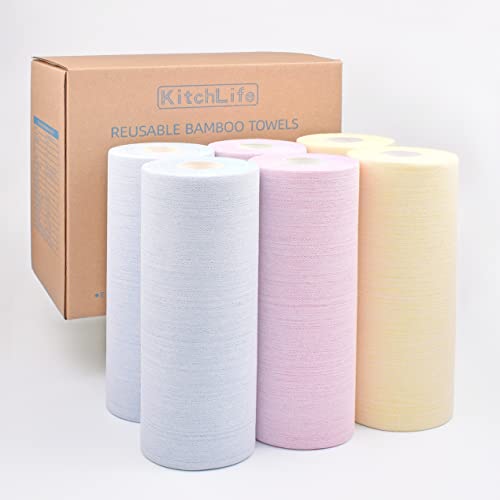 KitchLife Reusable Bamboo Paper Towels - 6 Rolls x 40 Sheets, 1 Year Supply, Washable and Recycled Kitchen Roll, Zero Waste Products, Sustainable Gifts, Environmentally Friendly, (Tricolor)