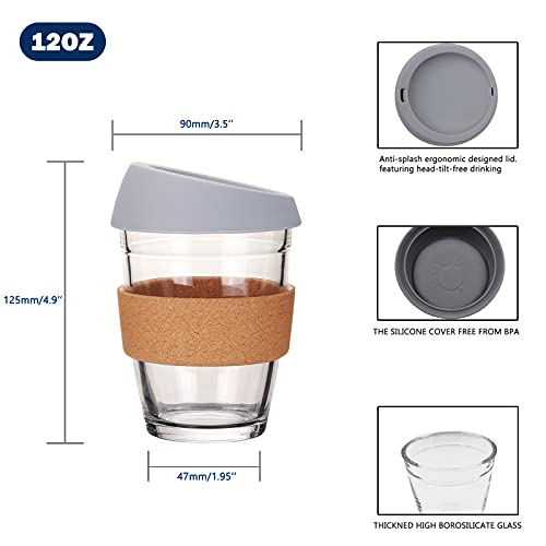 L'ifeager Reusable Coffee Travel Cup Toughened Glass Cup&Eco Friendly Cork sleeve Dishwasher and Microwave Safe BPA Free | 12oz | Christmas Birthday present (Grey)