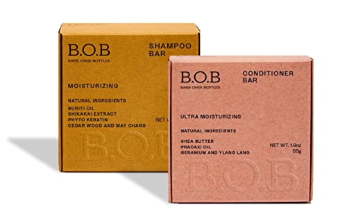 B.O.B Moisturizing Shampoo + Conditioner For Intense Moisture Bars, Natural & Clean Beauty, Vegan, Plant Based, Plastic Free, Ideal Ph Balance, Waterless & Zero Waste