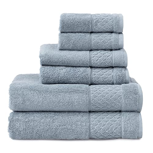 Welhome Hudson 100% Pure Organic Cotton 6 Piece Bath Linen Set | Dusty Blue | Eco Friendly | Plush | Durable & Absorbent | Hotel & Spa Decorative Bathroom Towels Set | 2 Bath 2 Hand 2 Wash Towels
