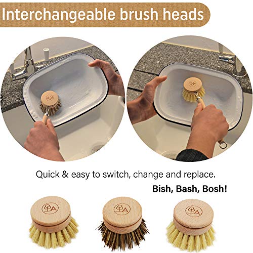 Agile Wooden Dish Brush Set with Eco Sponge - Low Waste Eco Dish Brush with Handle and 3 Replacement Heads for Plastic Free Washing Up - Eco Cleaning Tools - Agile Home and Garden