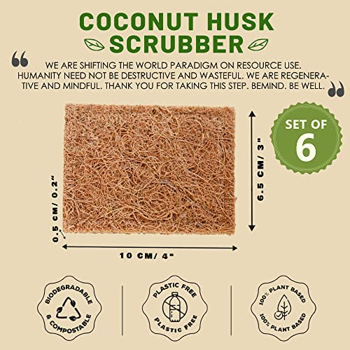 BeMind Coconut Husk Scrubber(6)Coconut Scouring Pads|Natural Dish Scrubber|Coconut Dish Scrubber|Eco Friendly Dish Scrubber|Coconut Scrubber|Coconut Husk Sponge|Coconut Husk Scouring Pad|Non-scratch