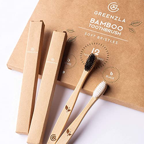 Greenzla Bamboo Toothbrushes (12 Pack) | BPA Free Soft Bristles Toothbrushes | Eco-Friendly, Natural Bamboo Toothbrush | Biodegradable, Compostable & Organic Charcoal Wooden Toothbrushes