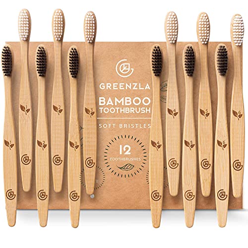 Greenzla Bamboo Toothbrushes (12 Pack) | BPA Free Soft Bristles Toothbrushes | Eco-Friendly, Natural Bamboo Toothbrush | Biodegradable, Compostable & Organic Charcoal Wooden Toothbrushes