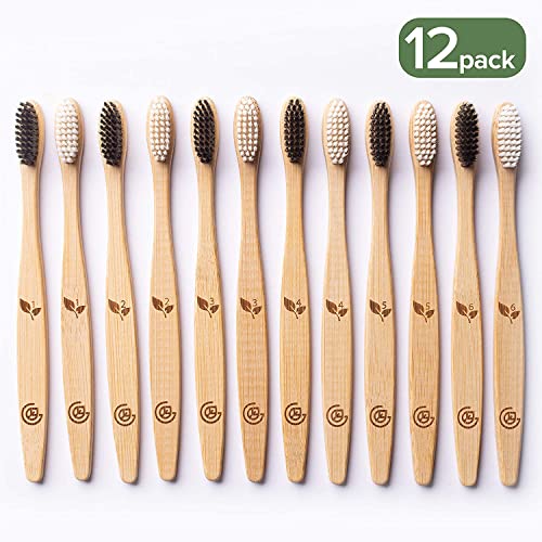 Greenzla Bamboo Toothbrushes (12 Pack) | BPA Free Soft Bristles Toothbrushes | Eco-Friendly, Natural Bamboo Toothbrush | Biodegradable, Compostable & Organic Charcoal Wooden Toothbrushes