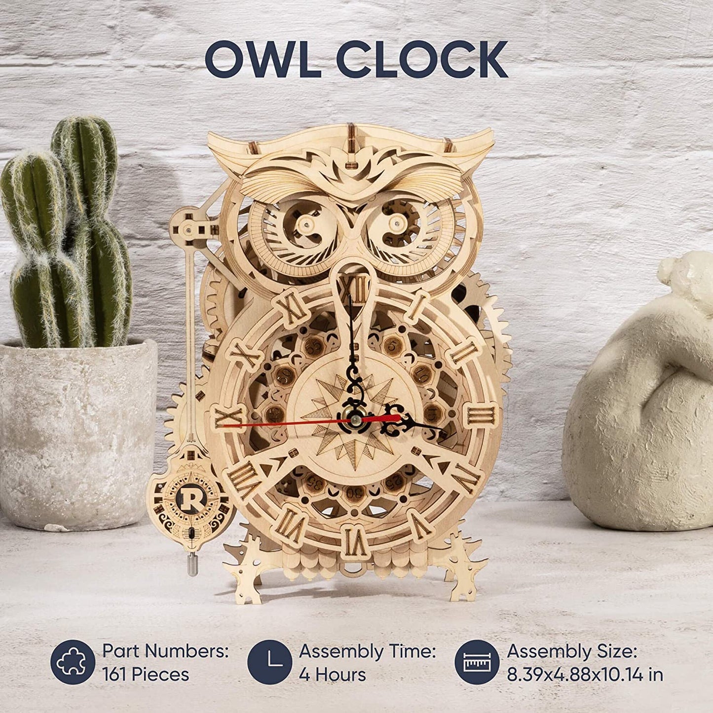 Robotime 161pcs DIY 3D Owl Clock | Wooden Model Building Block Kits