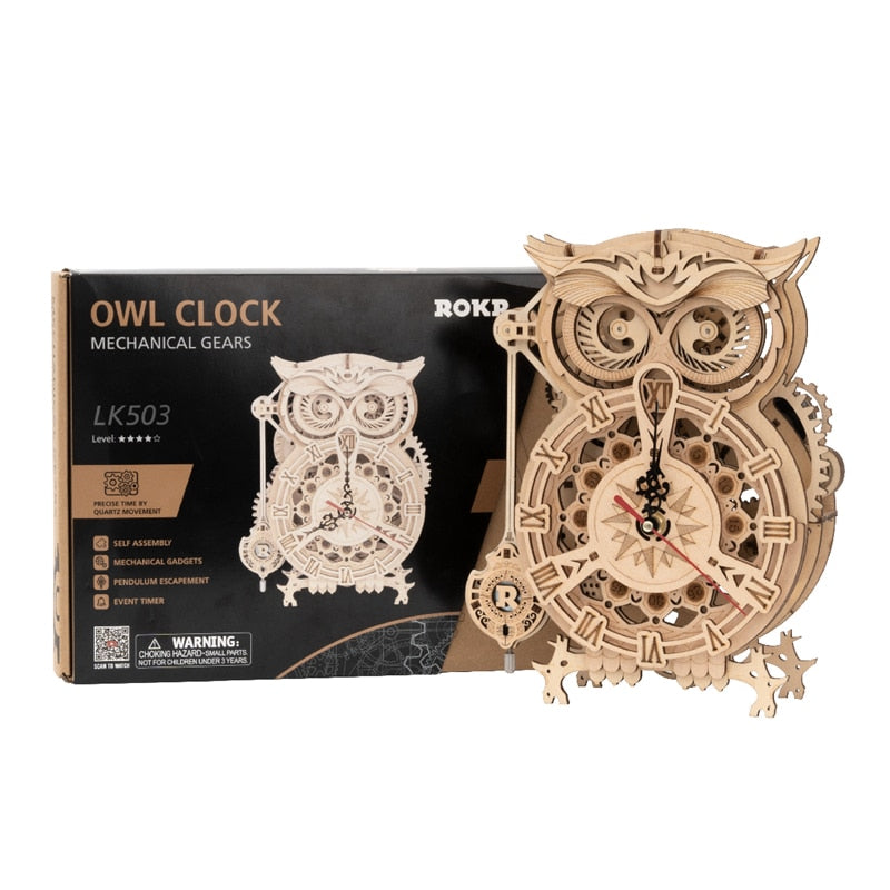 Robotime 161pcs DIY 3D Owl Clock | Wooden Model Building Block Kits