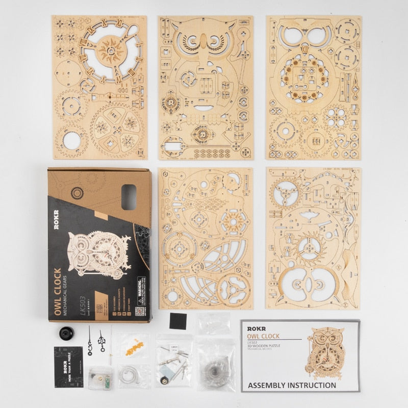 Robotime 161pcs DIY 3D Owl Clock | Wooden Model Building Block Kits