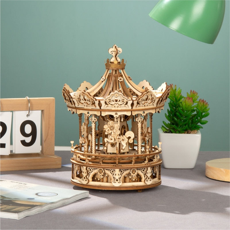 Robotime 336pcs DIY 3D Rotatable Romantic Carousel Music Box | Wooden Model Building Block Kits