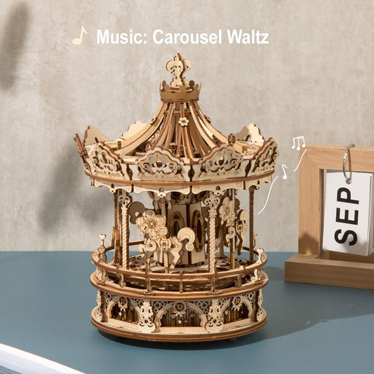 Robotime 336pcs DIY 3D Rotatable Romantic Carousel Music Box | Wooden Model Building Block Kits