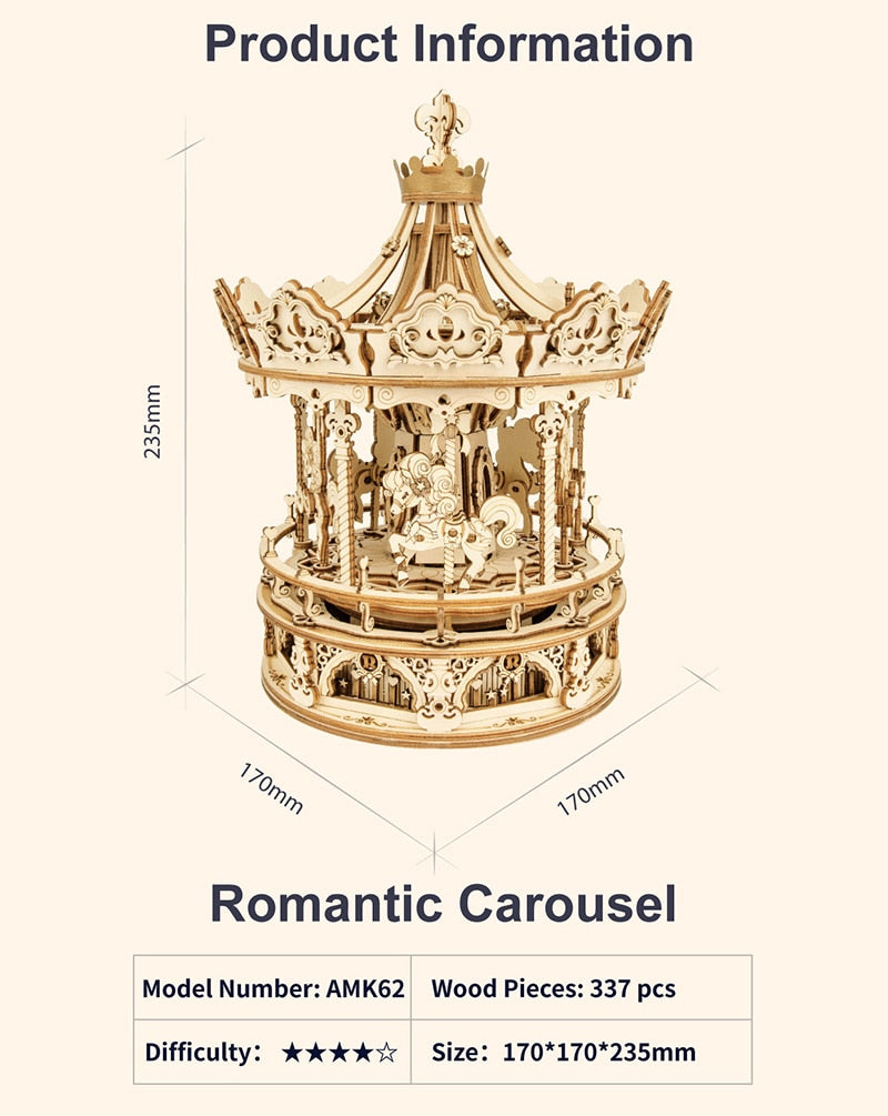 Robotime 336pcs DIY 3D Rotatable Romantic Carousel Music Box | Wooden Model Building Block Kits