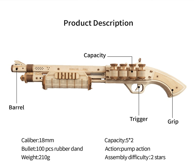 Robotime Revolver, Scatter with Rubber Band Bullet | Wooden Model Building Block Kit