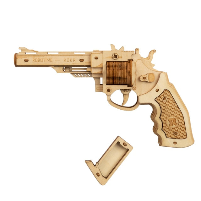 Robotime Revolver, Scatter with Rubber Band Bullet | Wooden Model Building Block Kit