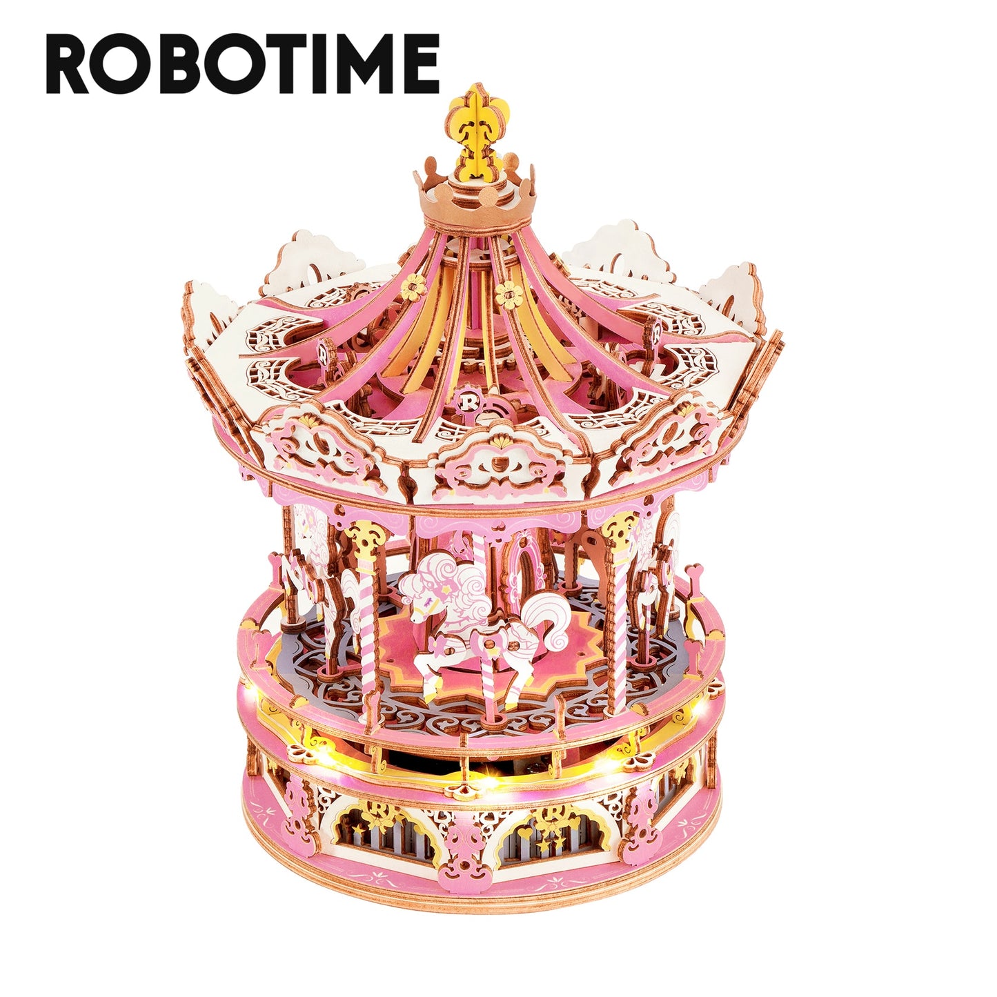 Robotime 336pcs DIY 3D Rotatable Romantic Carousel Music Box | Wooden Model Building Block Kits