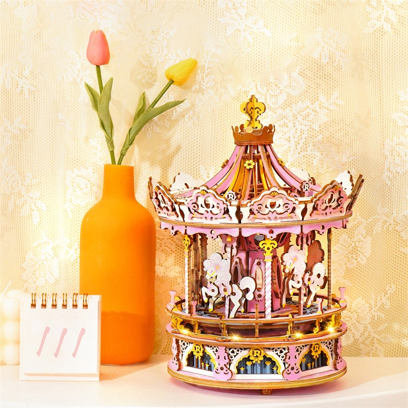 Robotime 336pcs DIY 3D Rotatable Romantic Carousel Music Box | Wooden Model Building Block Kits