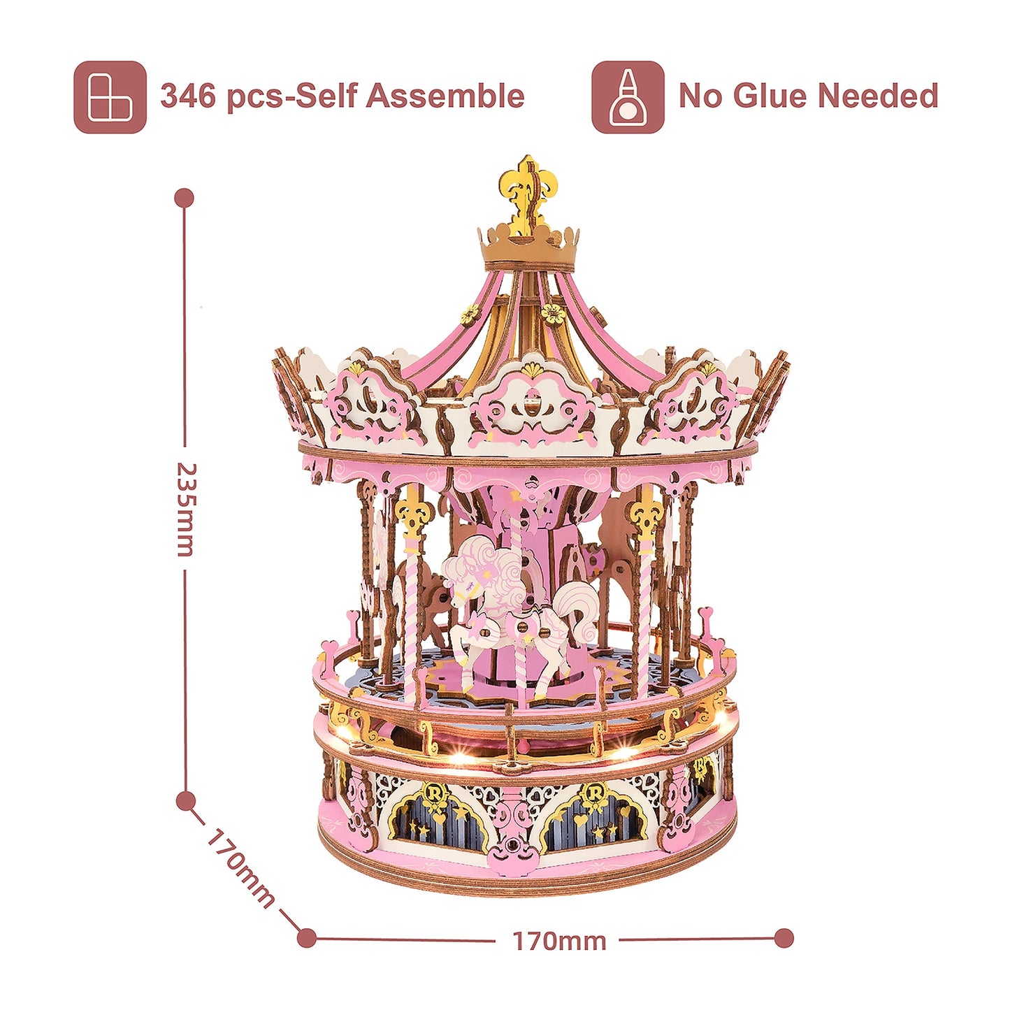 Robotime 336pcs DIY 3D Rotatable Romantic Carousel Music Box | Wooden Model Building Block Kits